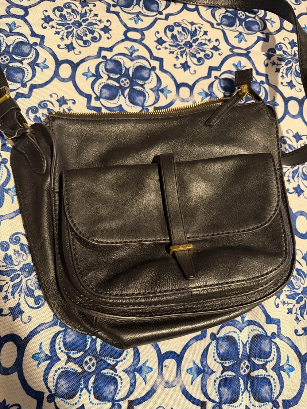 Black Fossil Leather Crossbody Bag